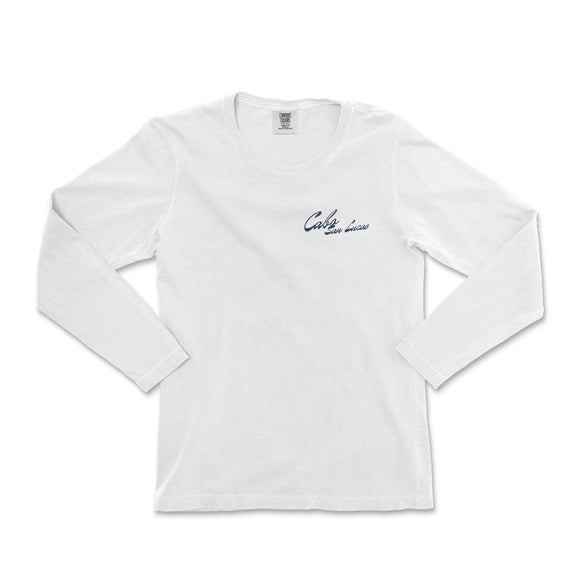 a white long - sleeved shirt with a blue embroidered logo