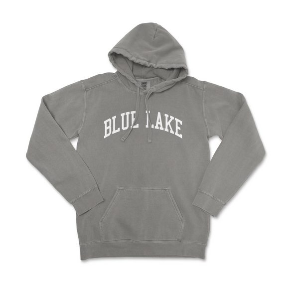 a gray hoodie with the words blue lake on it