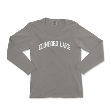 a gray long sleeve shirt with the word edinbobo lake on it