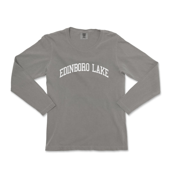 a gray long sleeve shirt with the word edinbobo lake on it