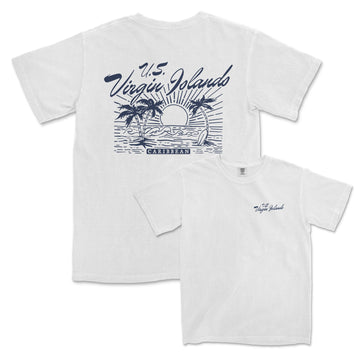 a white t - shirt with a picture of a sunset and palm trees