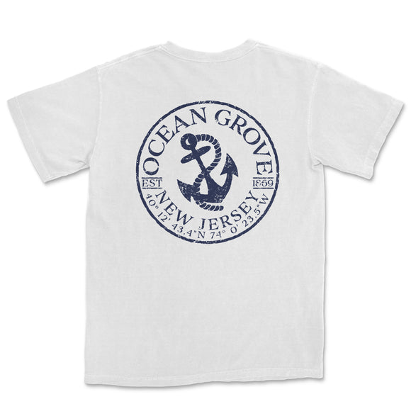 a white t - shirt with the ocean grove logo on it