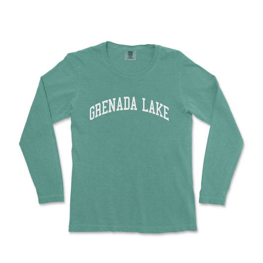 a green long sleeve shirt with the words, grenada lake on it