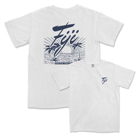 a white t - shirt with a surfboard on it