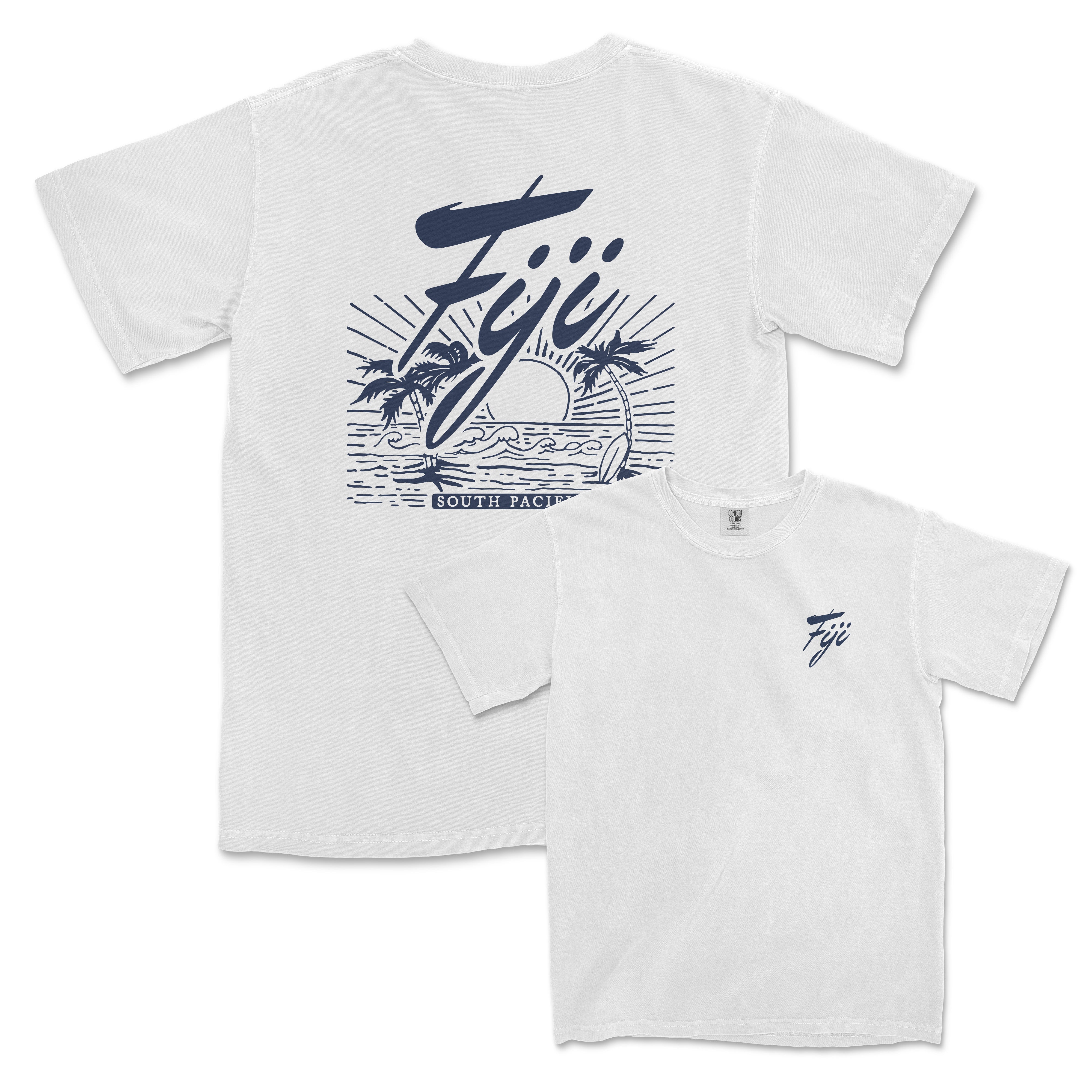 a white t - shirt with a surfboard on it
