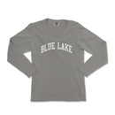 a gray long sleeve shirt with the word blue lake on it