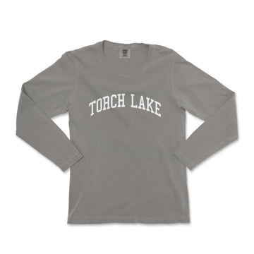a gray long sleeve shirt with the words torch lake on it