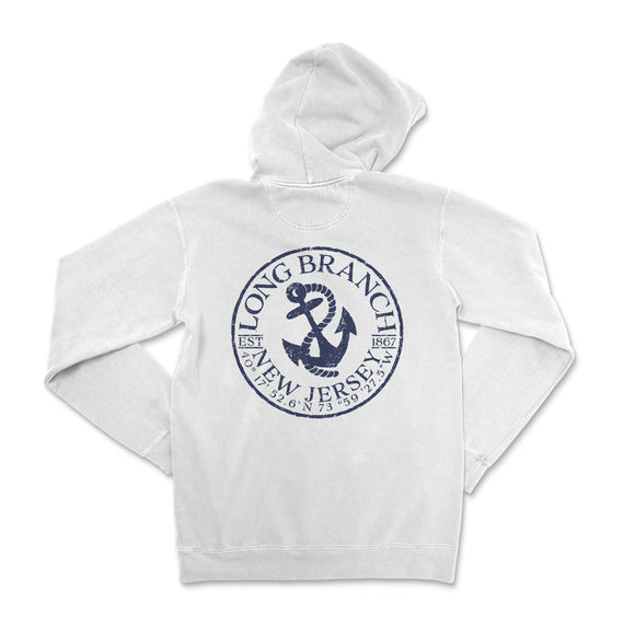 a white sweatshirt with a blue anchor on it