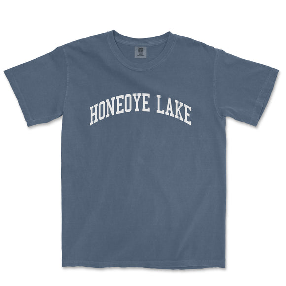 a blue t - shirt with the words honeoye lake in white
