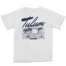 a white t - shirt with a surfboard and palm trees
