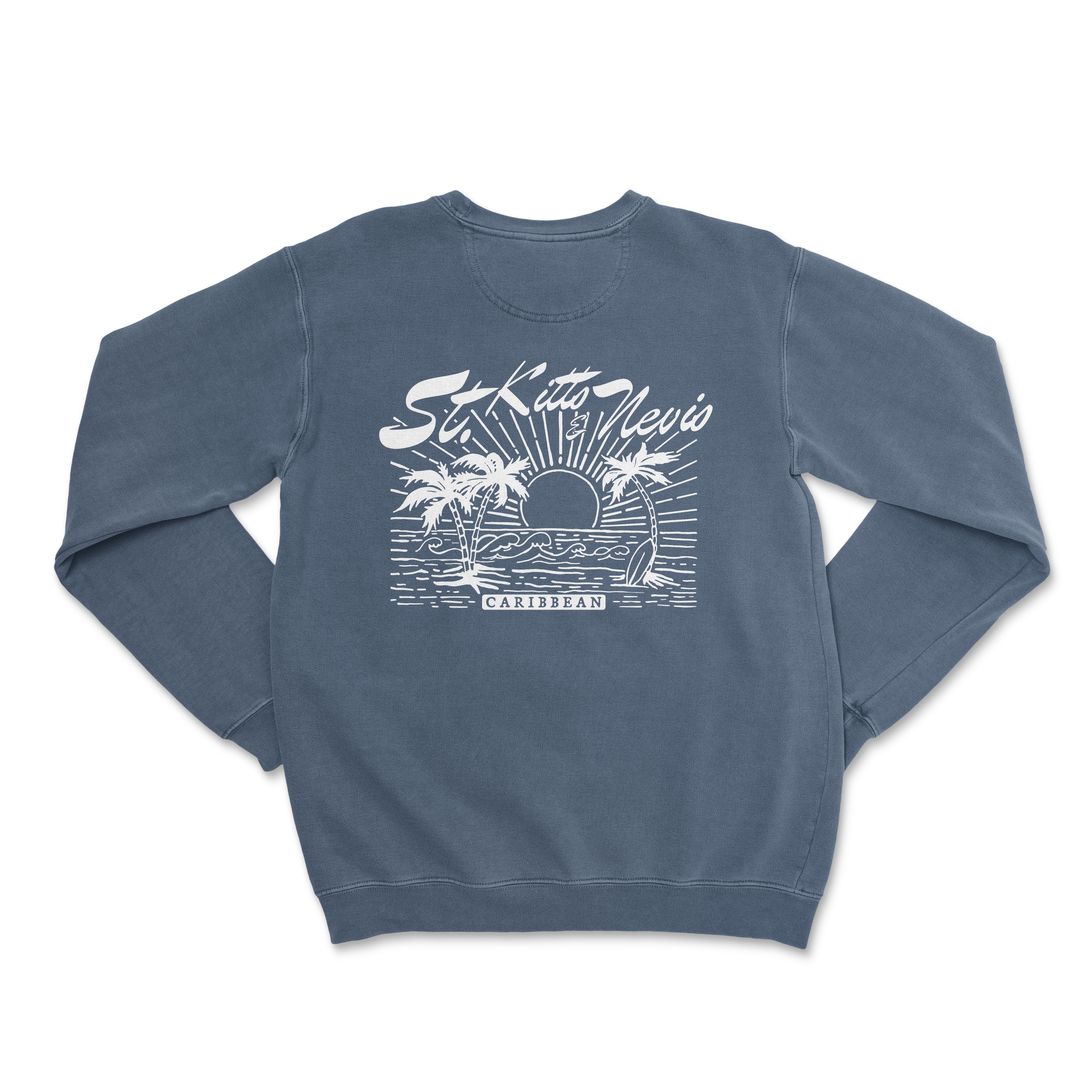 the back of a blue sweatshirt with a sunset and palm trees on it