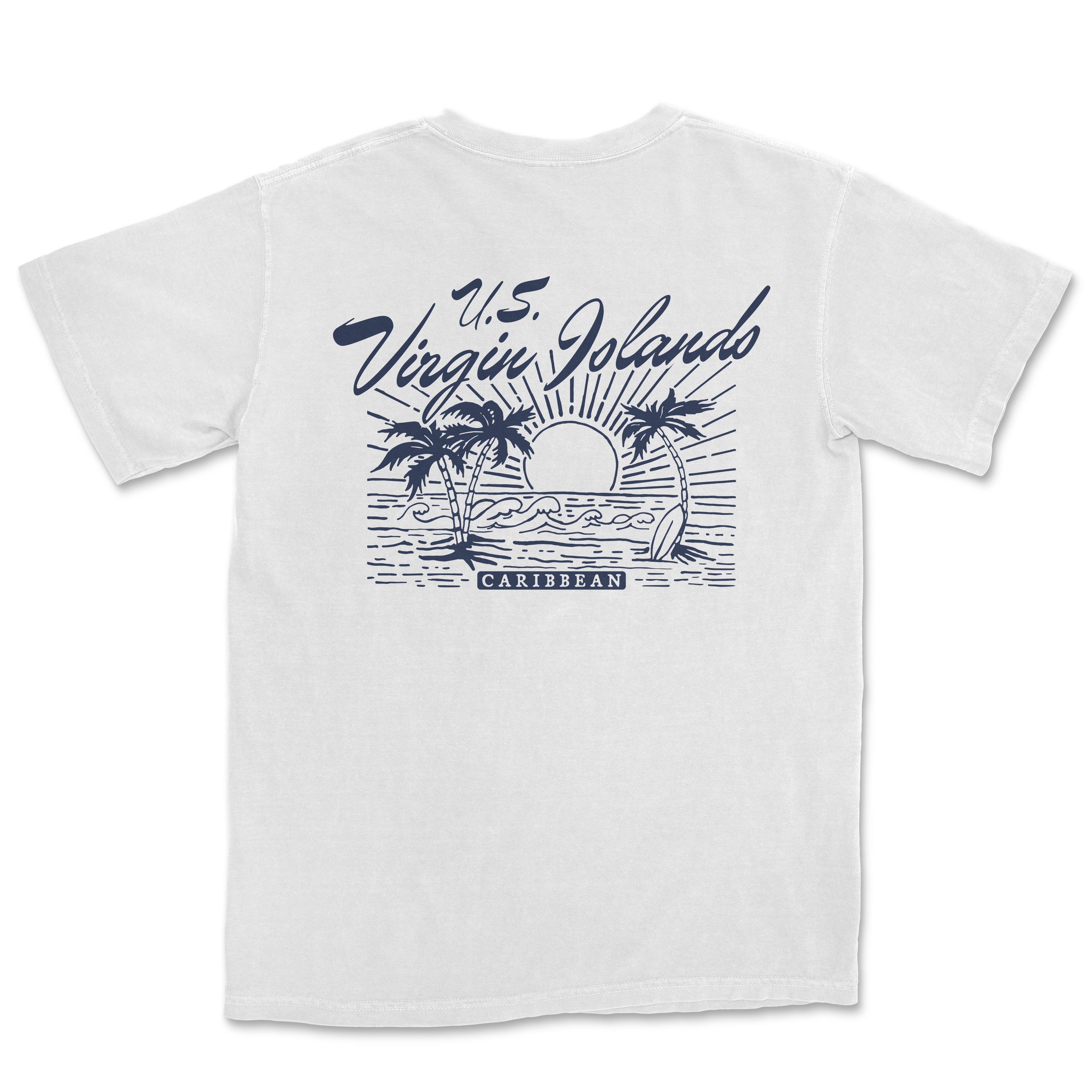 a white t - shirt with a sunset and palm trees