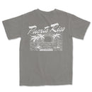 a gray t - shirt with a sunset and palm trees on it