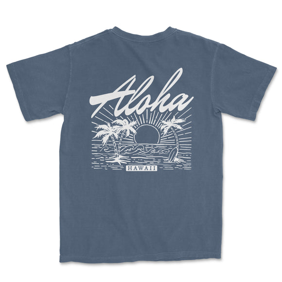 a blue shirt with the words aloha on it