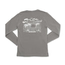 the back of a gray long - sleeved shirt with an image of a sunset