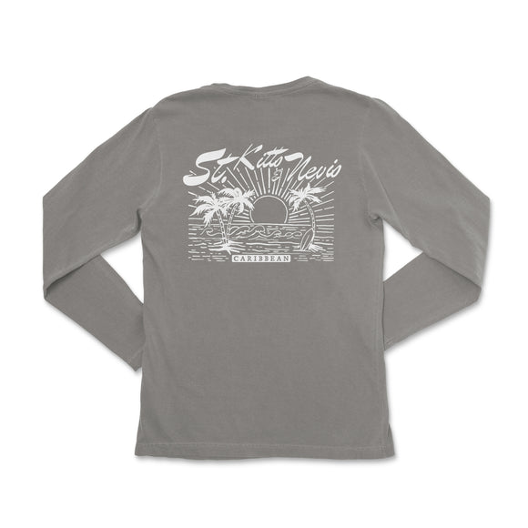 the back of a gray long - sleeved shirt with an image of a sunset