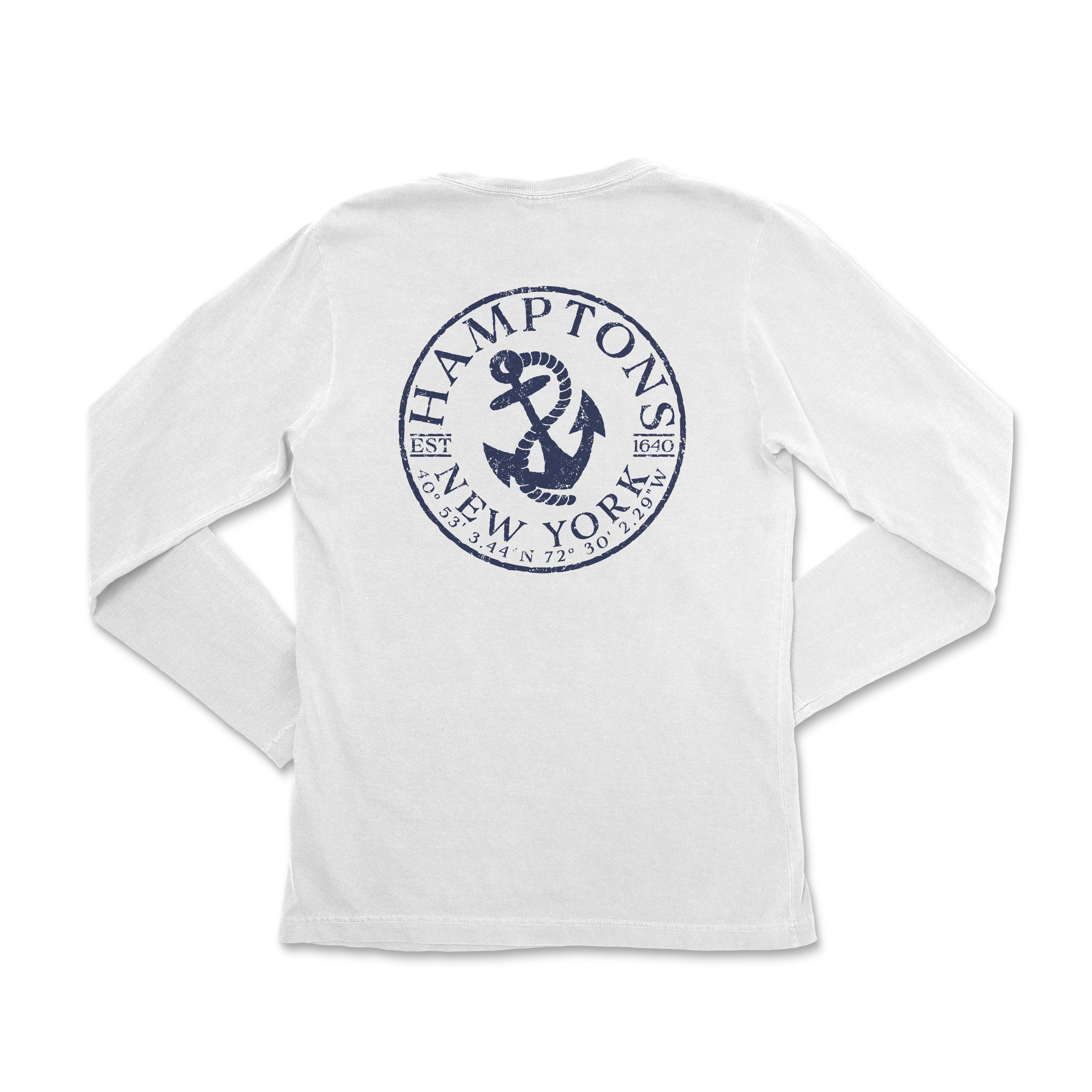 a white long - sleeved shirt with a blue anchor on the front