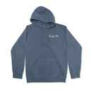 a blue hooded sweatshirt with the words,'don't cry'on it