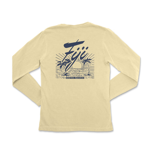 a women's long - sleeved shirt with a surfboard and palm trees