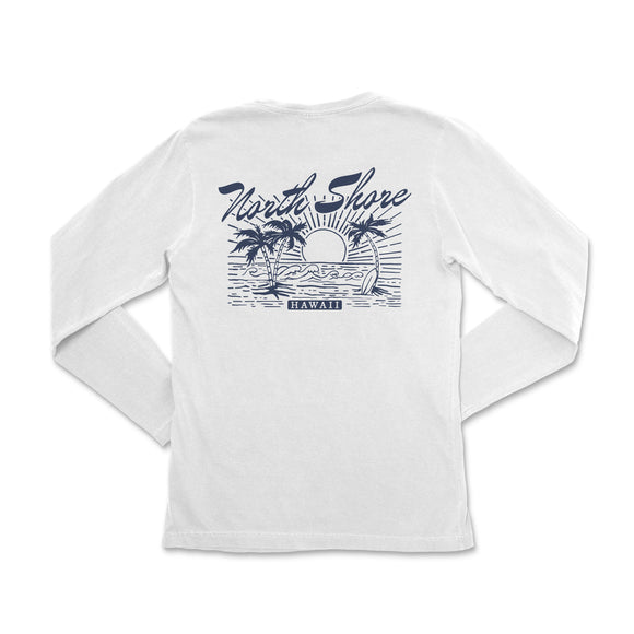 the back of a white long - sleeved shirt with palm trees and the words