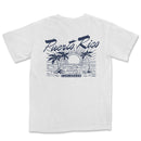 a white t - shirt with a palm tree and a sunset