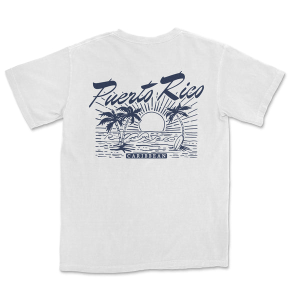 a white t - shirt with a palm tree and a sunset