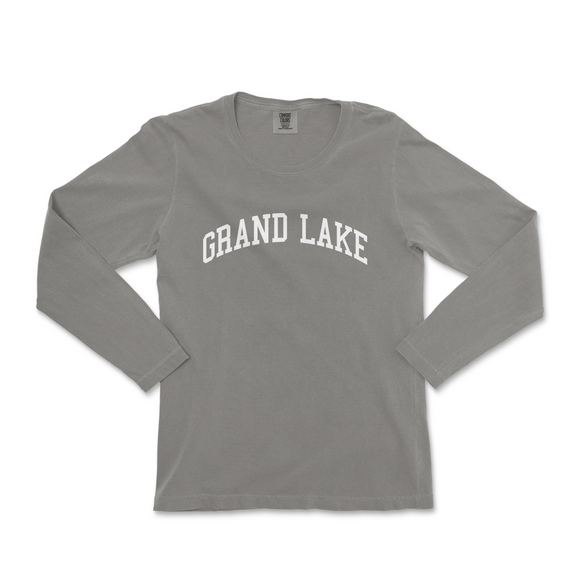 a gray shirt with the words grand lake on it
