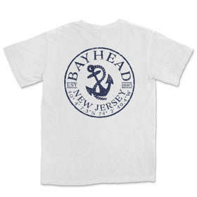 a white t - shirt with a blue and white logo