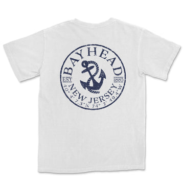 a white t - shirt with a blue and white logo