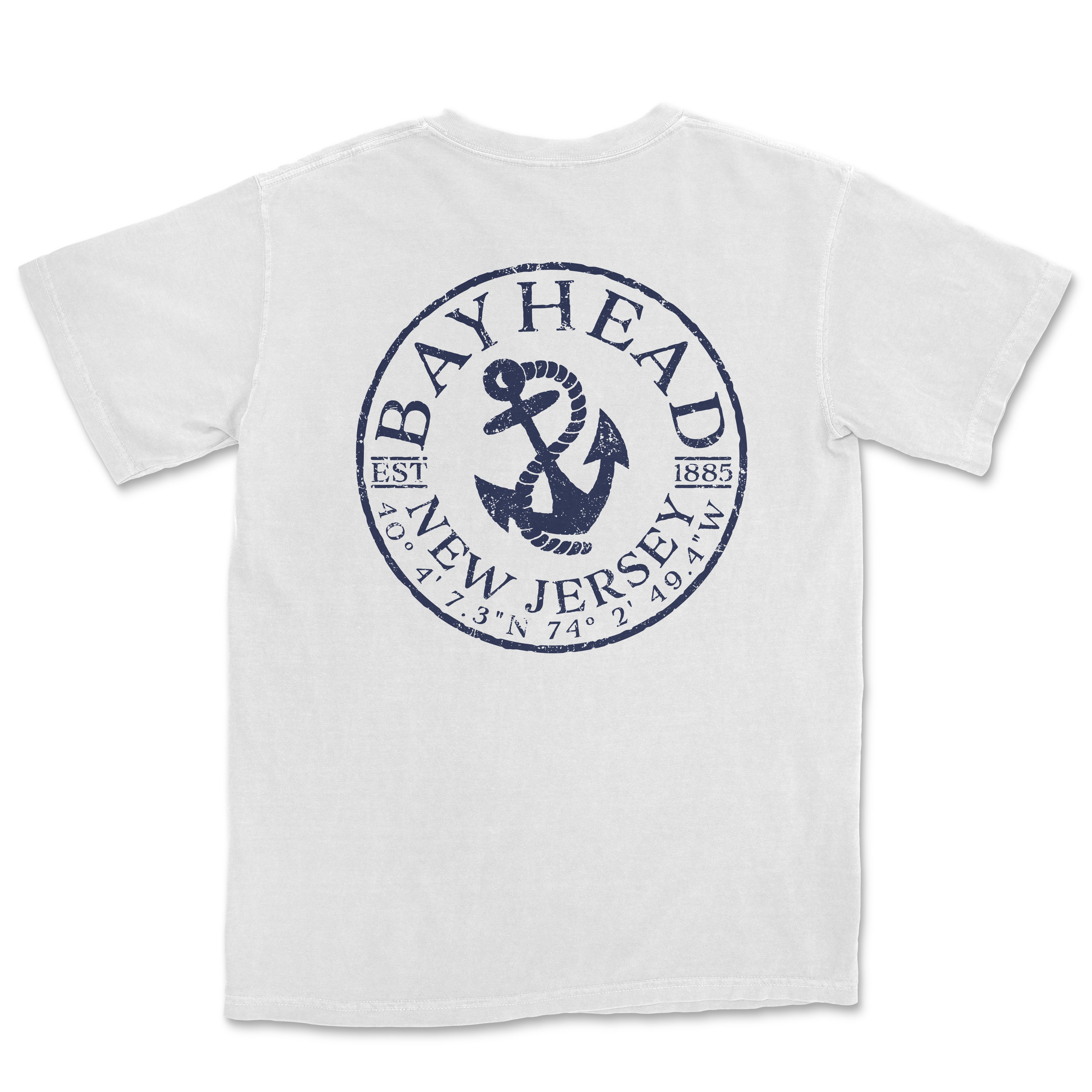 a white t - shirt with a blue and white logo