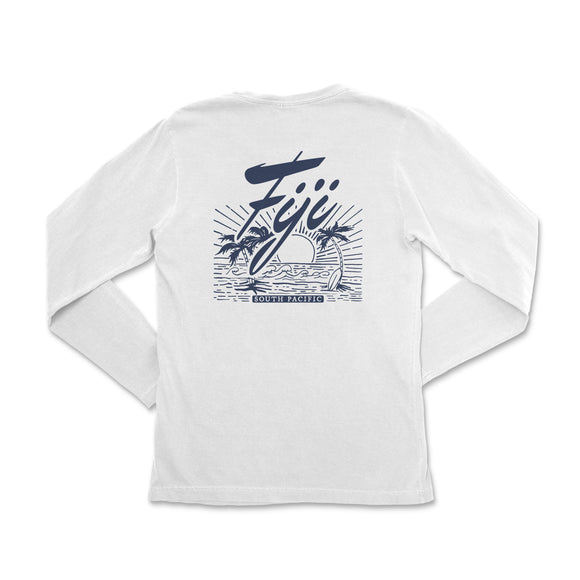 a white long sleeve shirt with a surfboard on it