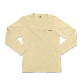 a white long sleeve shirt with a small embroidered logo on the chest