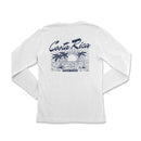 a white long - sleeved shirt with a sunset and palm trees on it