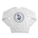 a white sweatshirt with a blue anchor on it