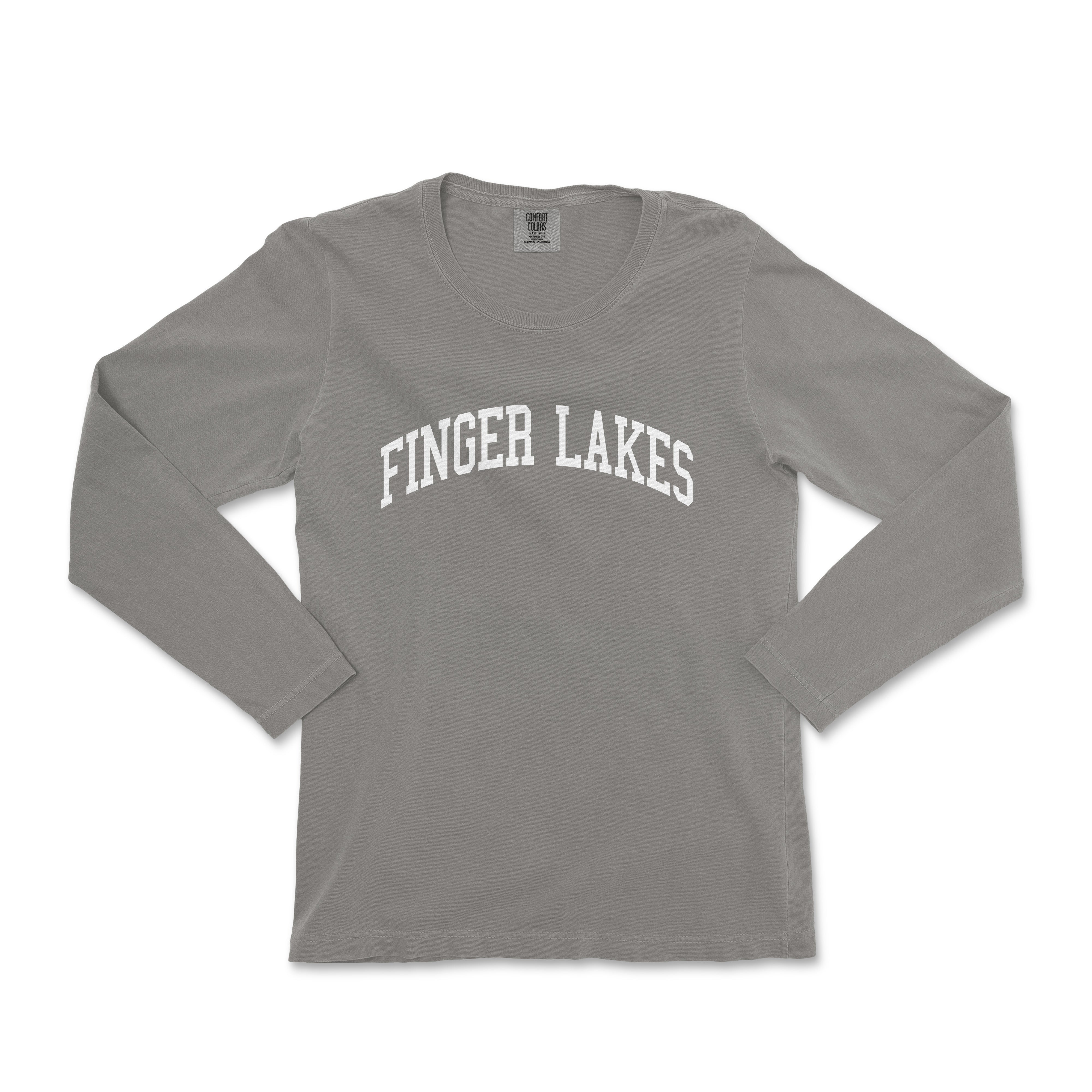 a gray long sleeve shirt with the word finger lakes on it