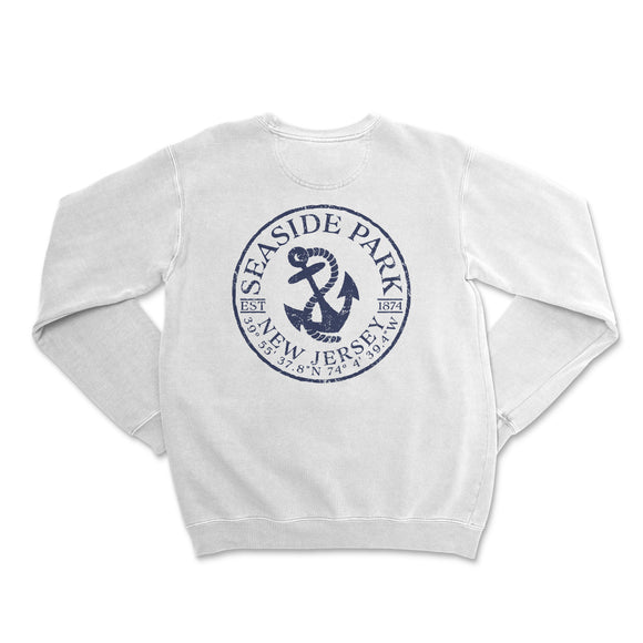 a white sweatshirt with the seaside park logo on it