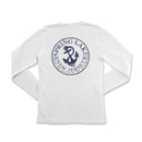 a white long sleeve shirt with a blue anchor on the front