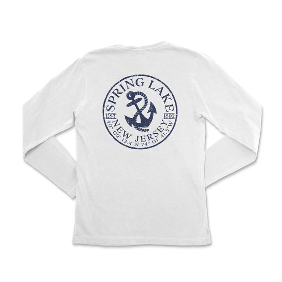 a white long sleeve shirt with a blue anchor on the front