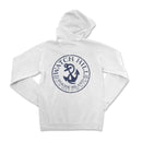 a white hoodie with a blue anchor on it