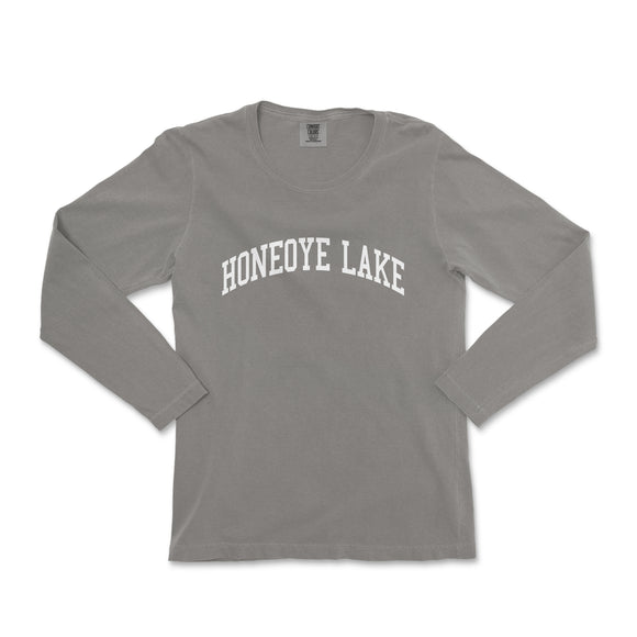 a gray long sleeve shirt with the words honey grove lake on it