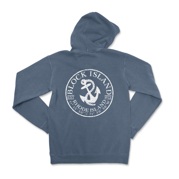 a blue hoodie with an anchor and the words block island on it