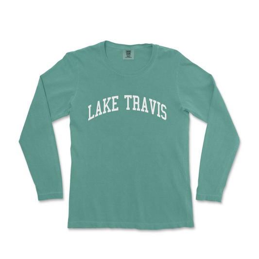 a lake travis long sleeve shirt with the word lake travis on it
