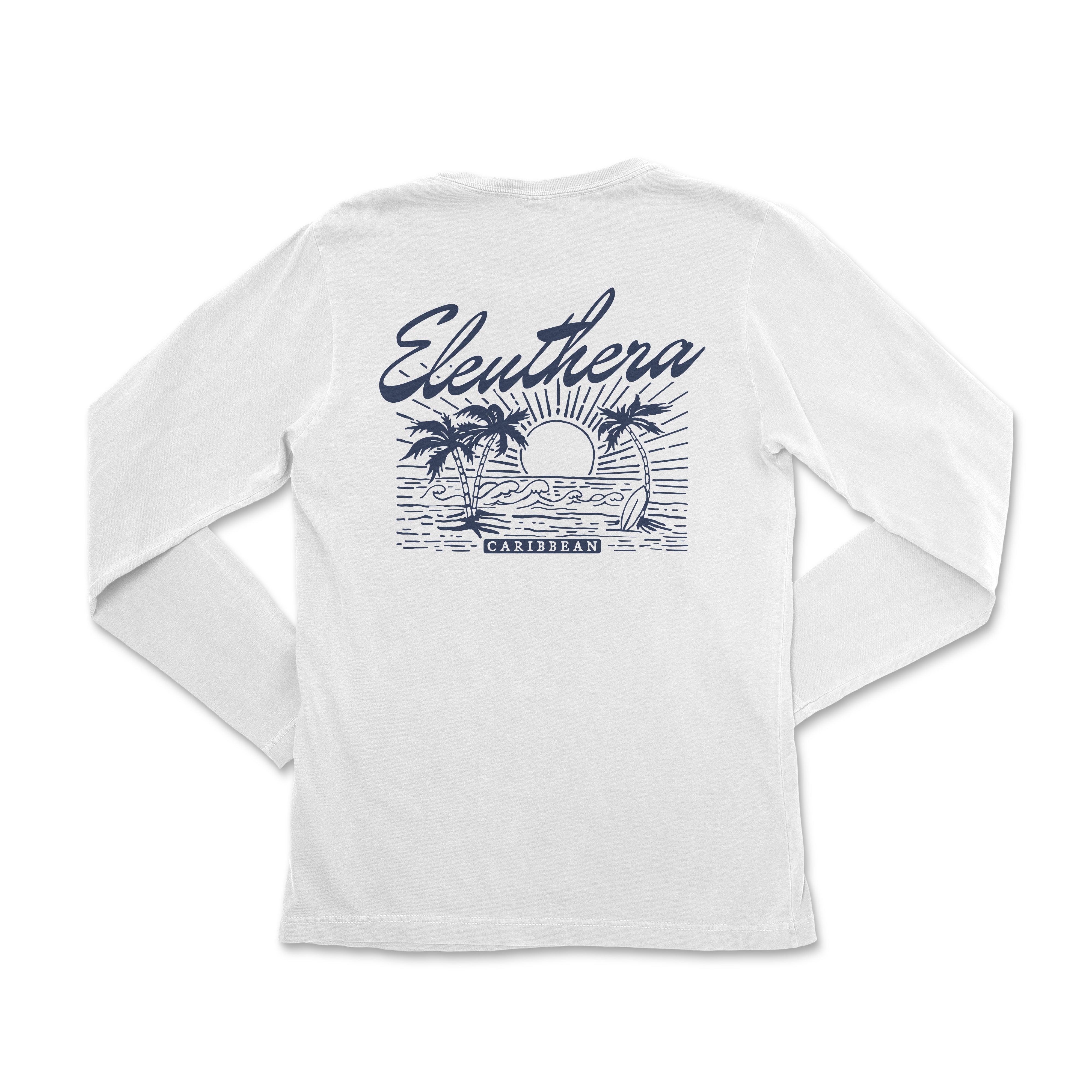 a white long - sleeved shirt with a palm tree on the beach