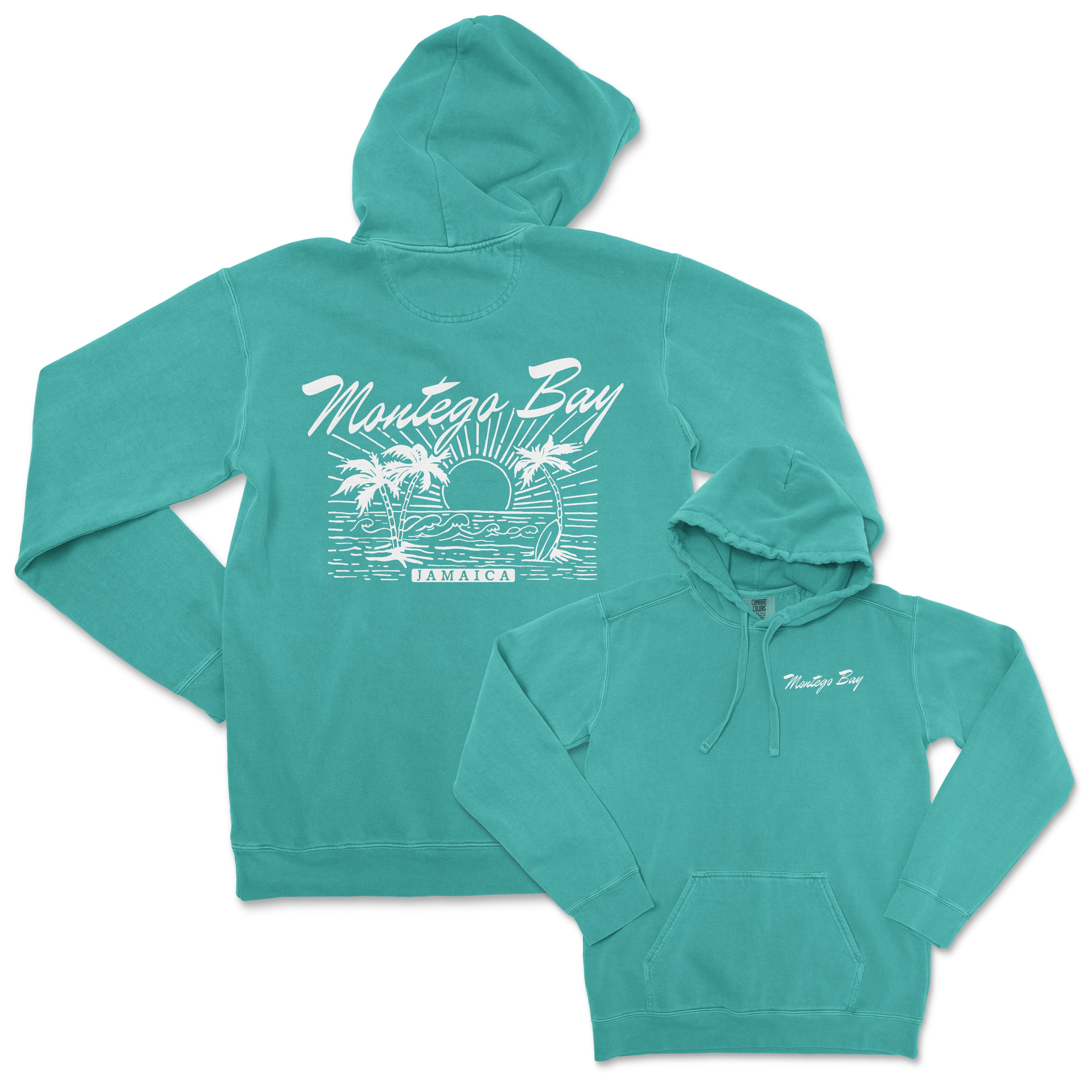 a turquoise sweatshirt with a palm tree on it