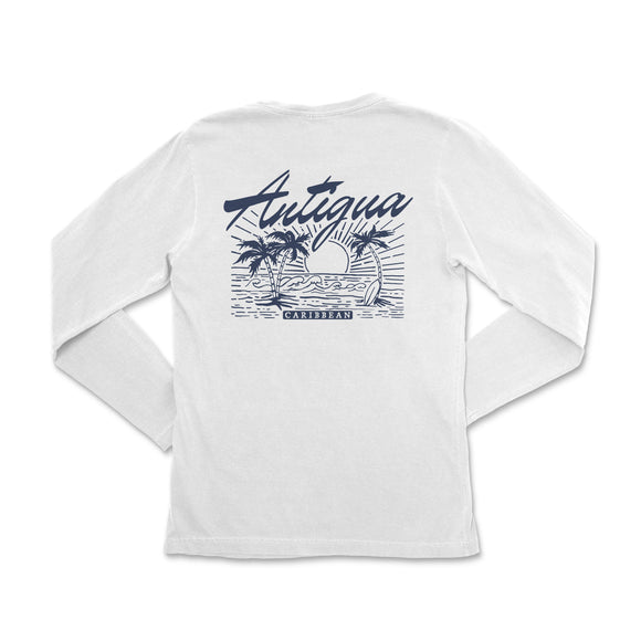 a white long - sleeved shirt with the words, atlantic, and palm trees