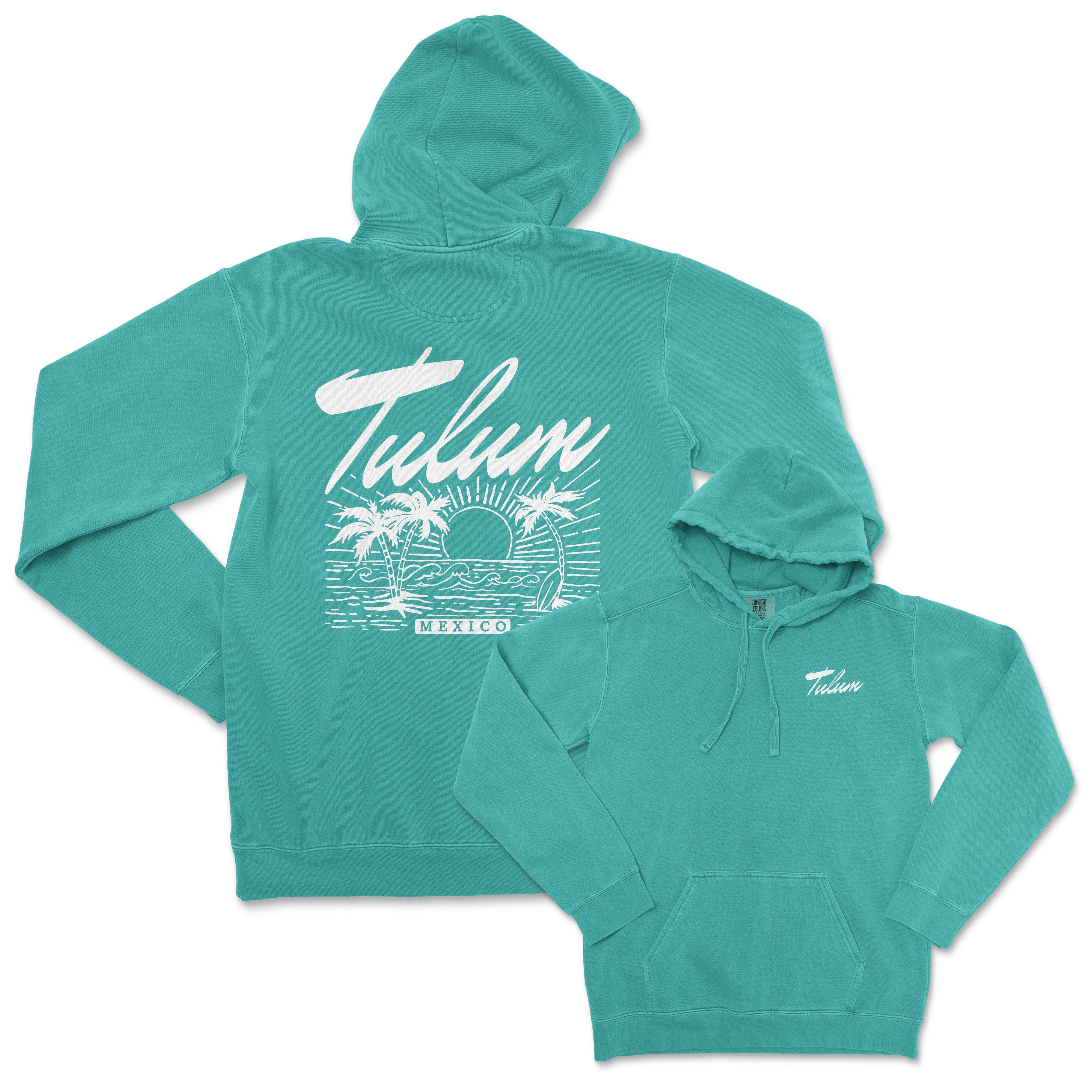a teal hoodie with the words taclum on it