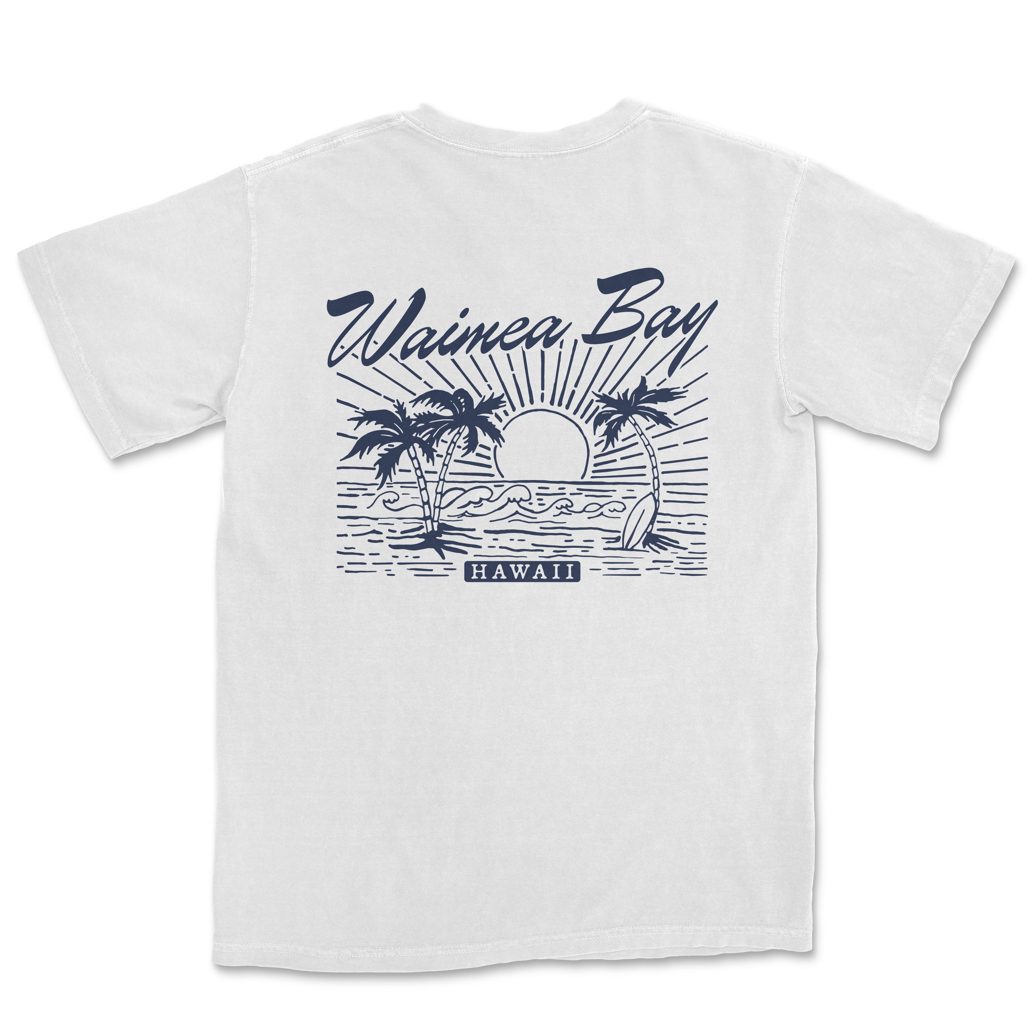 a white t - shirt with a blue and white image of a beach scene