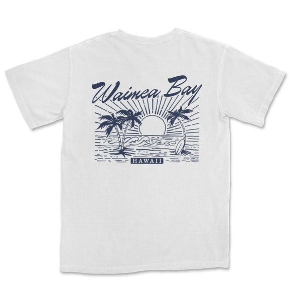 a white t - shirt with a blue and white image of a beach scene