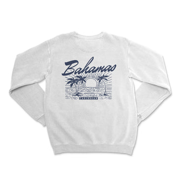the back of a white sweatshirt with a palm tree and a boat on it