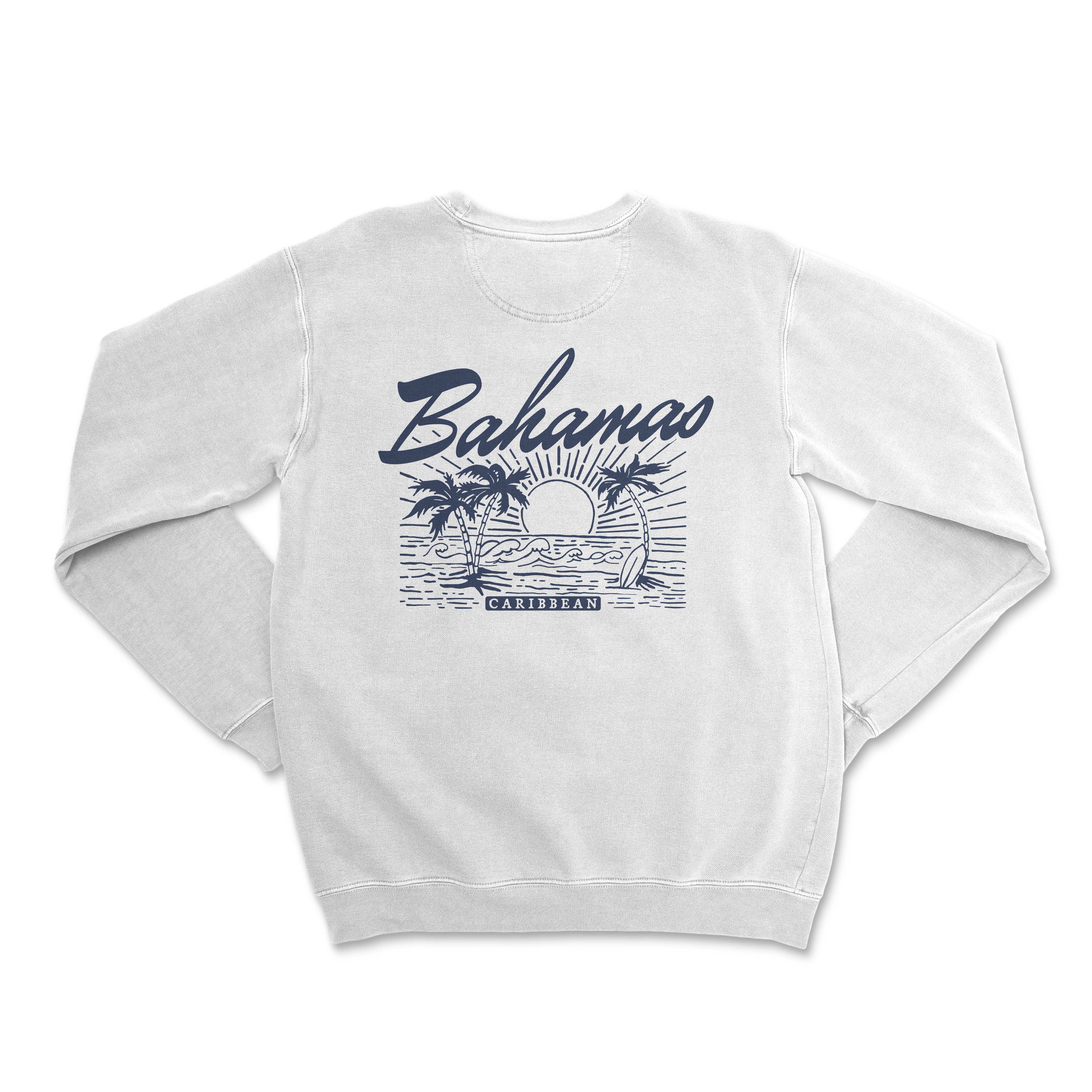 the back of a white sweatshirt with a palm tree and a boat on it
